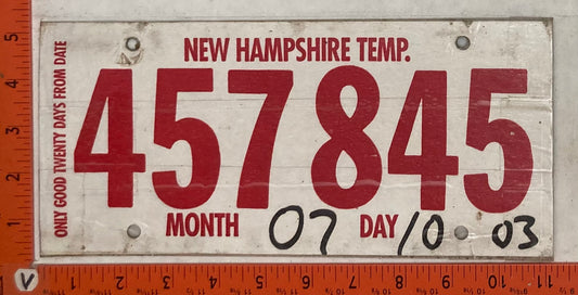 2003 New Hampshire #457845 Temporary Passenger License Plate
