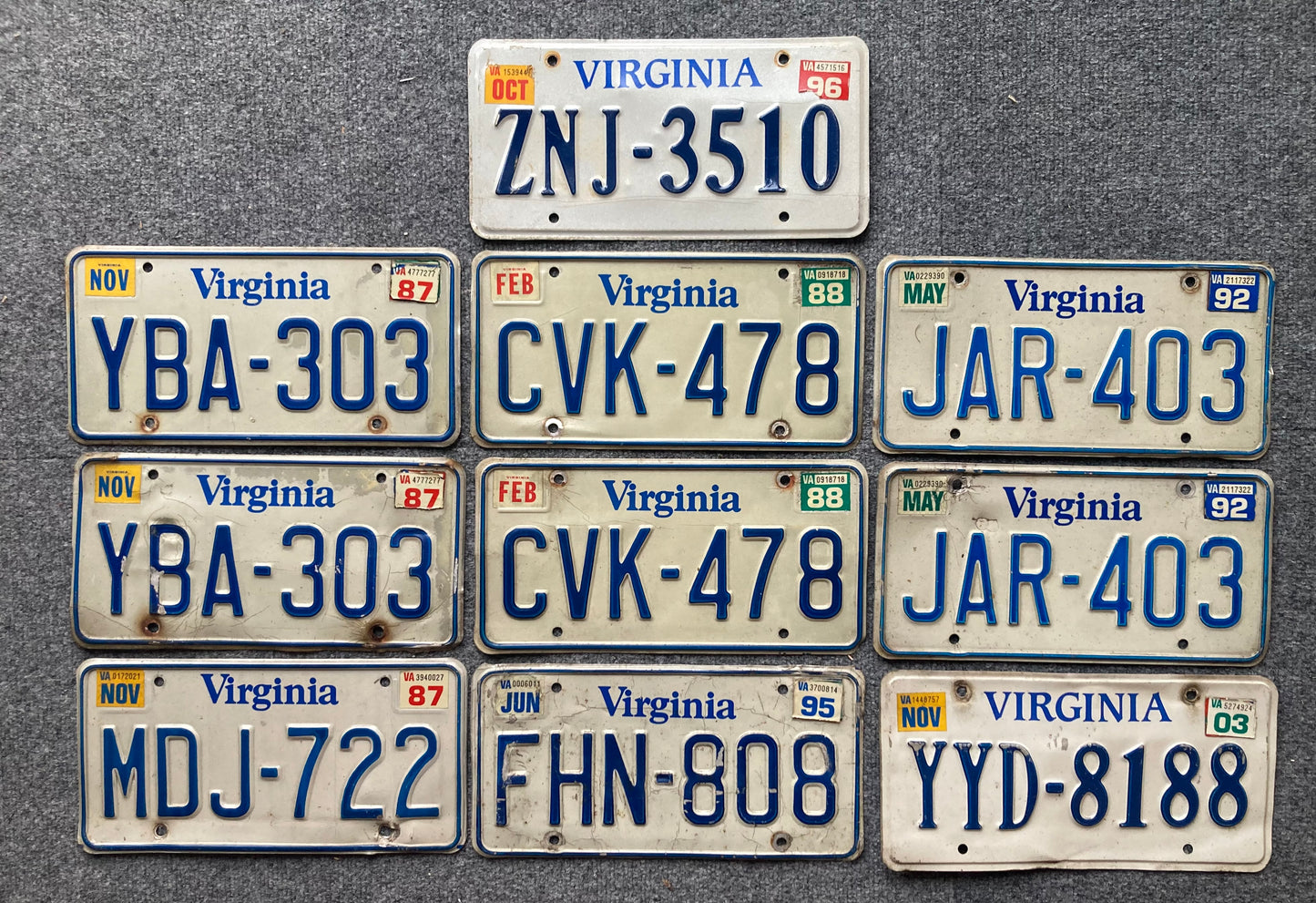 Group of 10 Virginia license plates (Crafter)