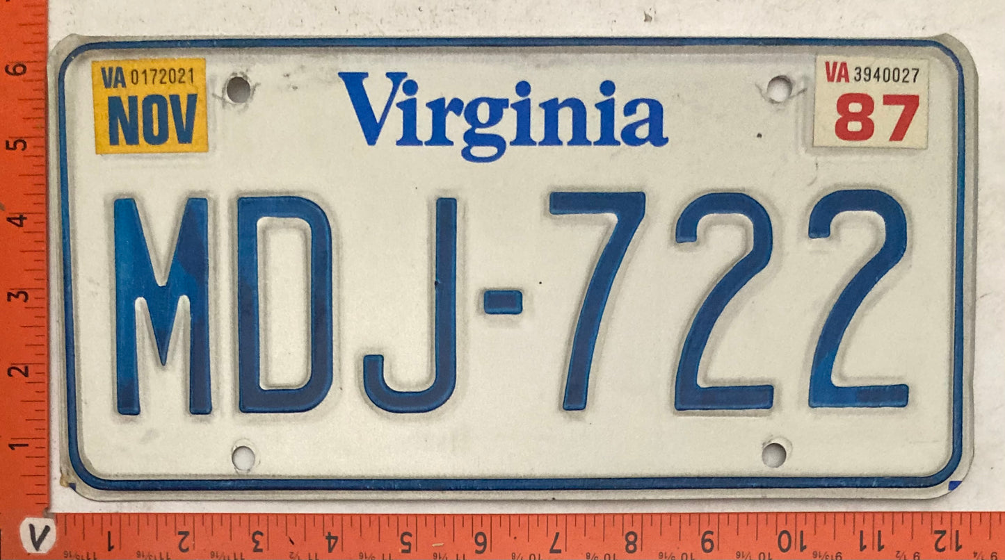 1987 Virginia #MDJ-722 Passenger License Plate