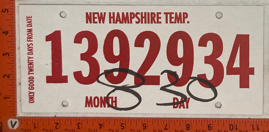 Undated New Hampshire #1392934 Temporary Passenger License Plate