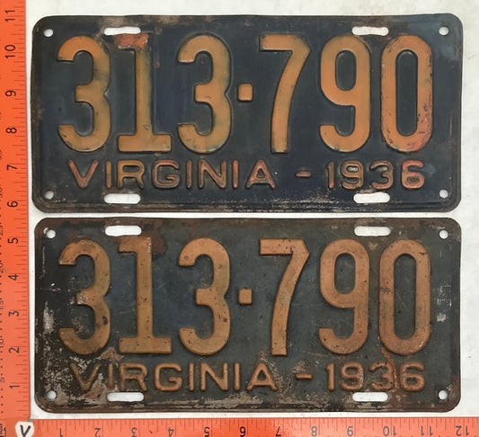 1936 Virginia #313-790 Passenger License Plate (Pair)