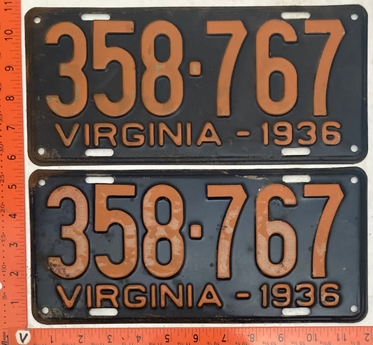 1936 Virginia #358-767 Passenger License Plate (Pair)