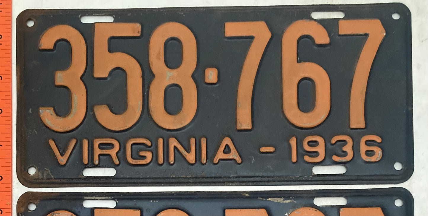 1936 Virginia #358-767 Passenger License Plate (Pair)