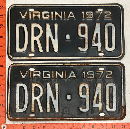 1972 Virginia #DRN-940 Passenger License Plate (Pair)