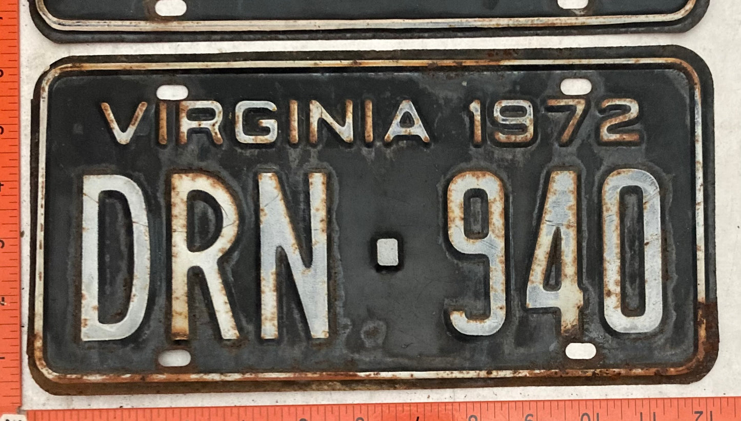 1972 Virginia #DRN-940 Passenger License Plate (Pair)