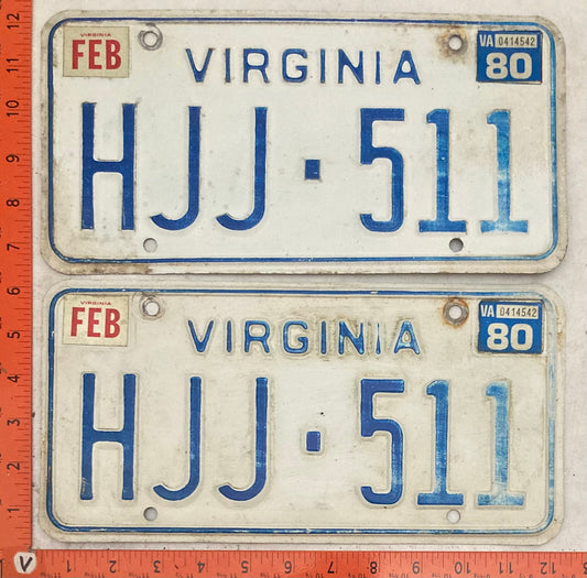 1980 Virginia #HJJ-511 Passenger License Plate (Pair)