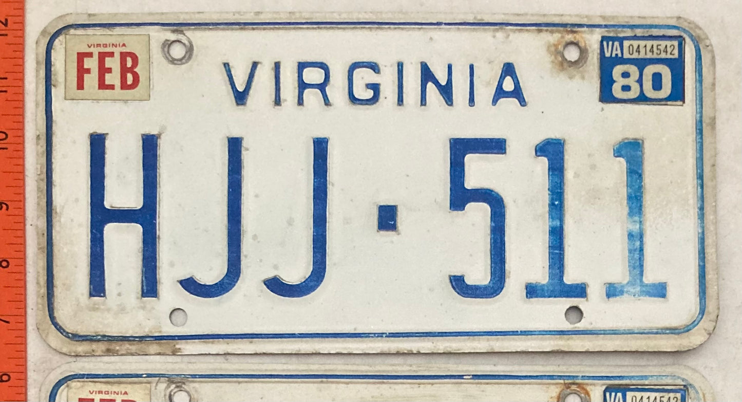 1980 Virginia #HJJ-511 Passenger License Plate (Pair)