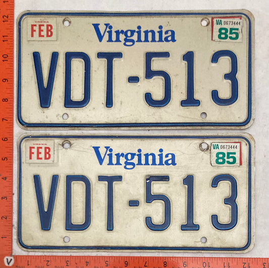 1985 Virginia #VDT-513 Passenger License Plate (Pair)