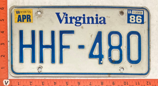 1986 Virginia #HHF-480 Passenger License Plate