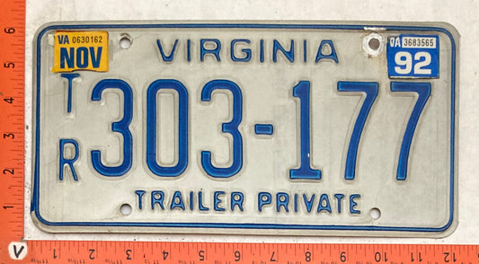 1992 Virginia #T/R 303-177 Trailer Private License Plate