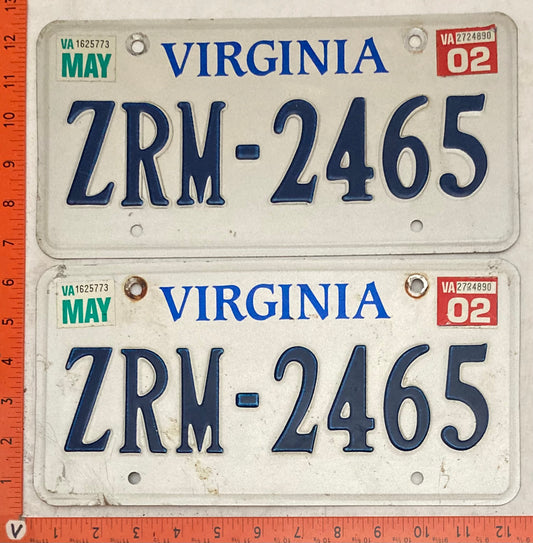 2002 Virginia #ZRM-2465 Passenger License Plate (Pair)