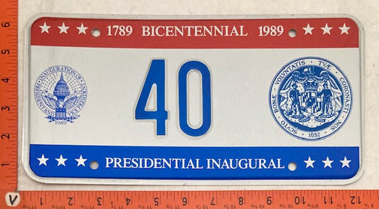 1989 Presidential Inaugural Passenger License Plate # 40 MARYLAND State Seal