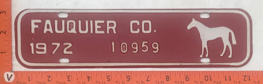 1972 Fauquier County Virginia #10959 License Plate  Fire Department