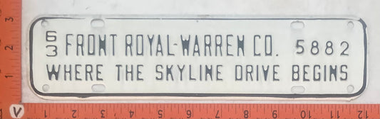 1963 Front Royal - Warren County Virginia #5882 License Plate