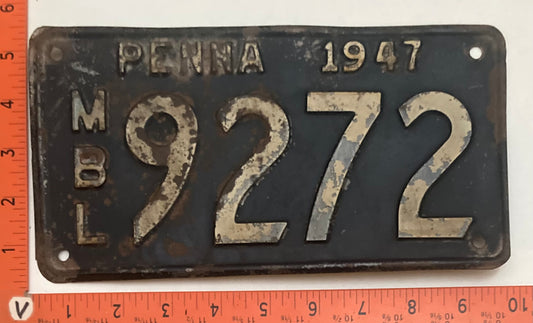 1947 Pennsylvania #9272 Motorboat License Plate