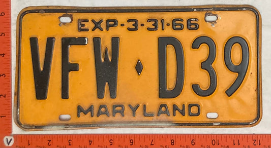 1966 Maryland #VFW-D39 Passenger License Plate