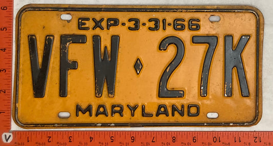 1966 Maryland #VFW-27K Passenger License Plate