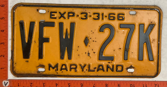 1966 Maryland #VFW-27K Passenger License Plate