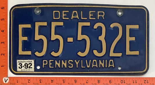 1992 Pennsylvania #E55-532E Dealer License Plate