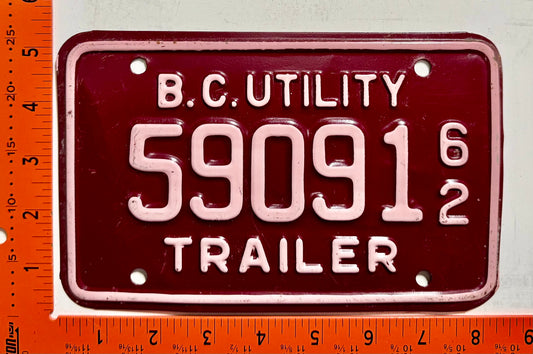 1962 British Columbia #59091 Utility Trailer License Plate