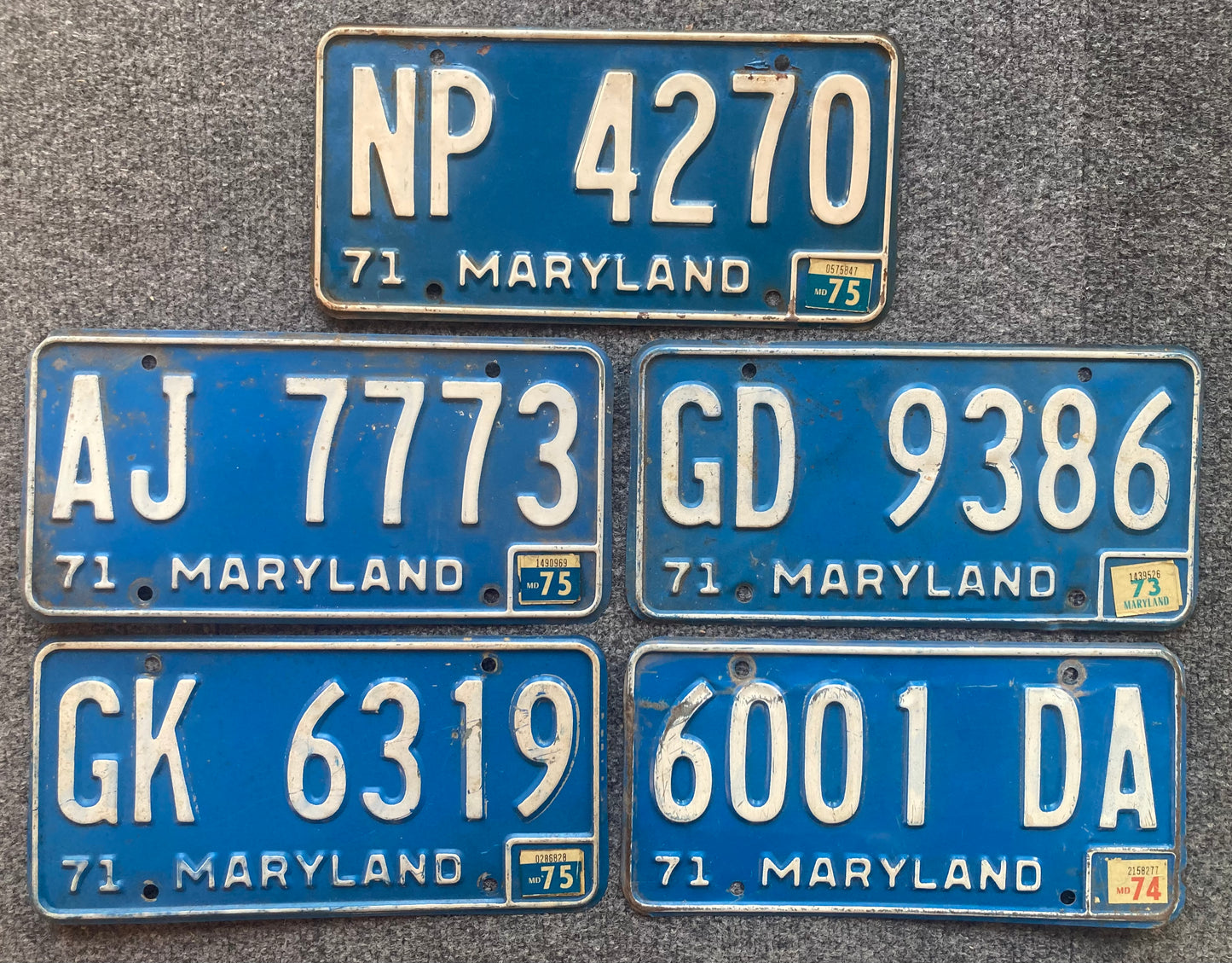 Group of 5 Maryland BLUE background license plates (Crafter)