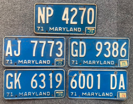 Group of 5 Maryland BLUE background license plates (Crafter)