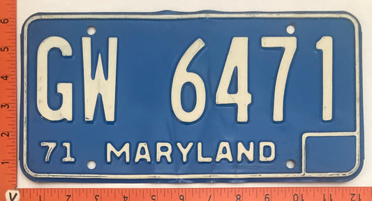 1971 Maryland # GW 6471 BLUE background license plate (Crafter)