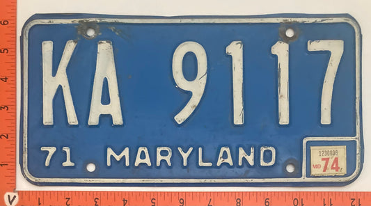 1974 Maryland # KA 9117 BLUE background license plate (Crafter)