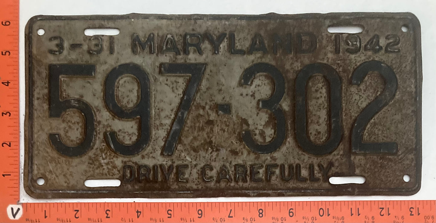 1942 Maryland #597-302 Passenger license plate (Crafter)