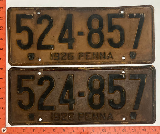 1926 Pennsylvania #524-857 Passenger License Plate PAIR