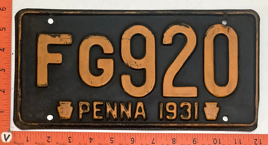 1931 Pennsylvania #FG920 Passenger License Plate