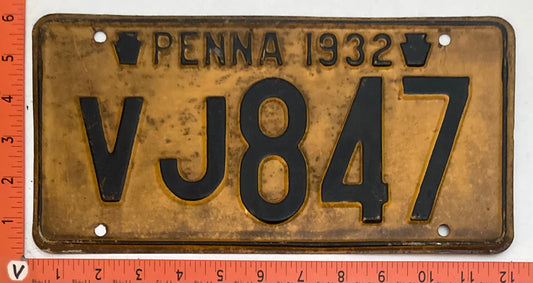 1932 Pennsylvania #VJ847 Passenger License Plate