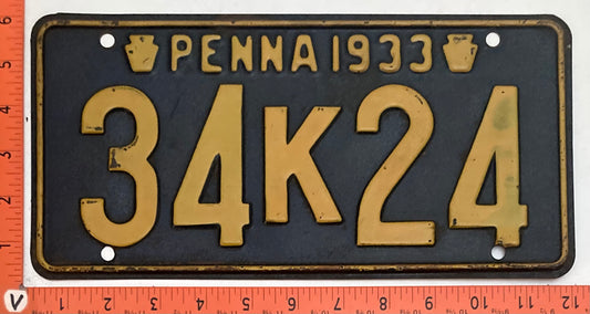 1933 Pennsylvania #34K24 Passenger License Plate
