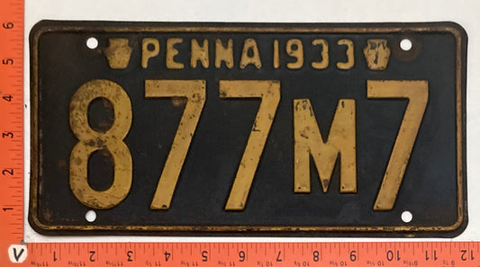 1933 Pennsylvania #877M7 Passenger License Plate