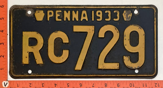 1933 Pennsylvania #RC729 Passenger License Plate