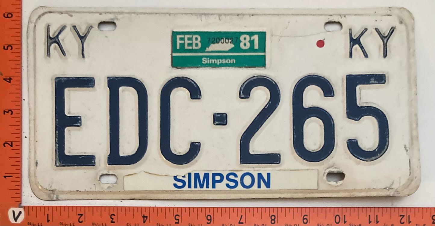 1981 Kentucky #EDC-265 Passenger License Plate