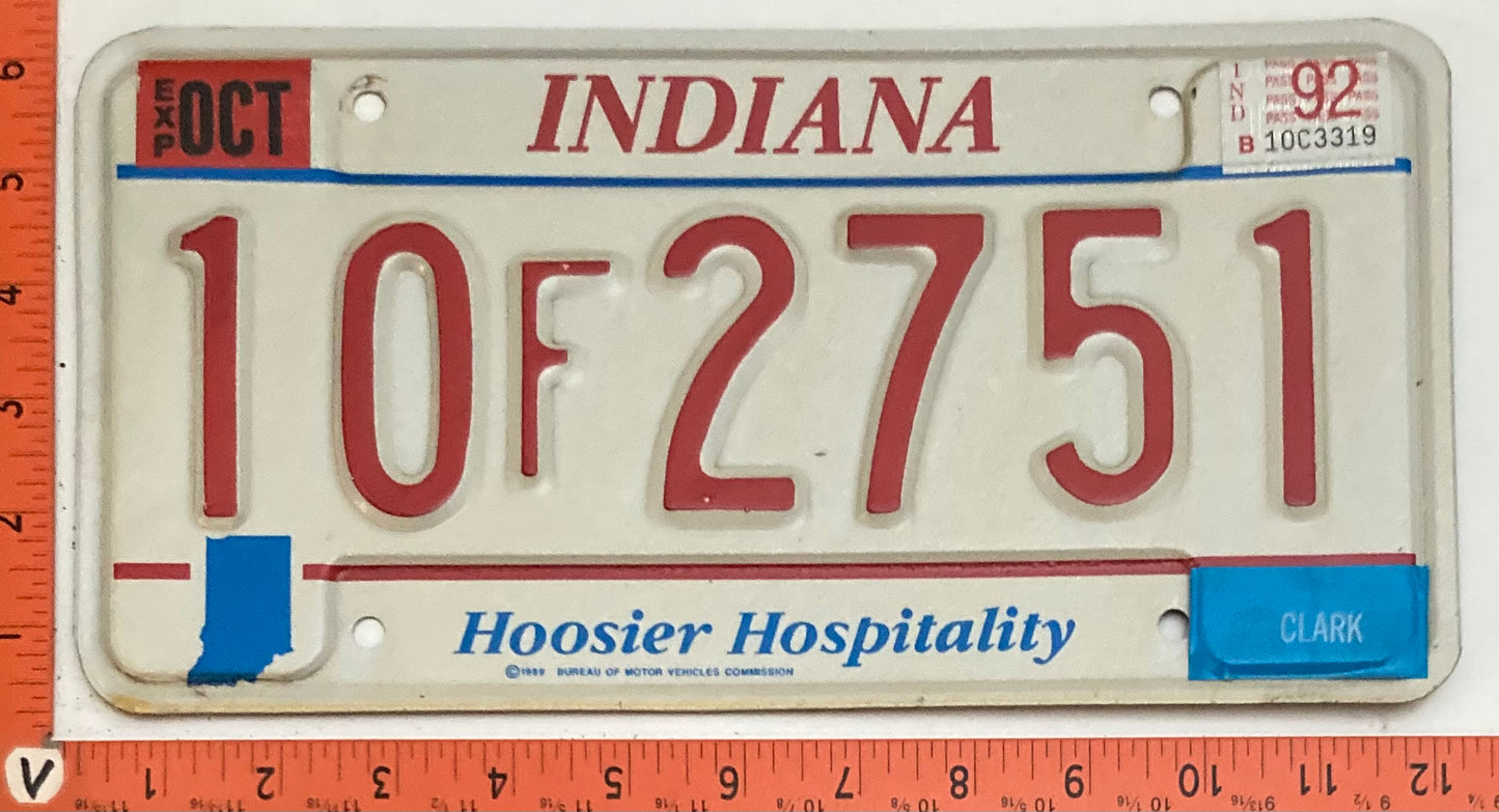 1992 Indiana #10F2751 Passenger License Plate