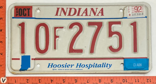 1992 Indiana #10F2751 Passenger License Plate