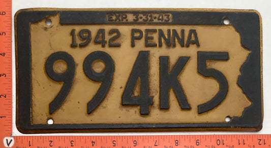 1942 Pennsylvania #994K5 Passenger License Plate