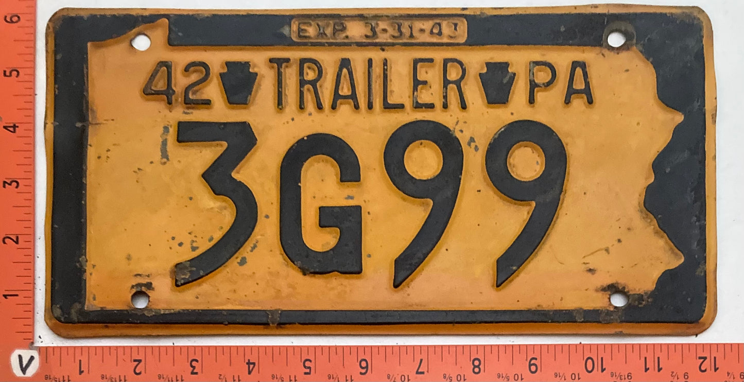 1942 Pennsylvania #3G99 Trailer License Plate