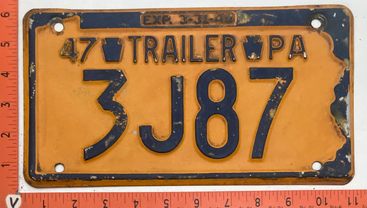 1947 Pennsylvania #3J87 Trailer License Plate