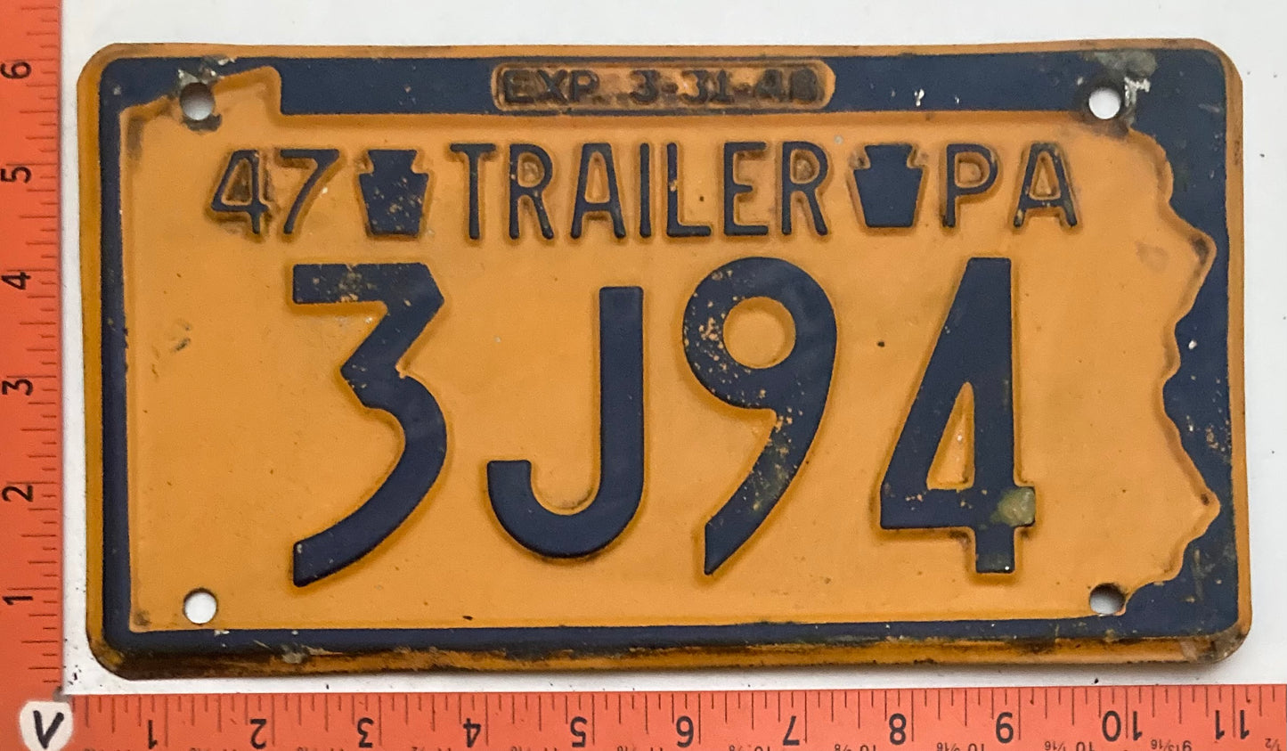 1947 Pennsylvania #3J94 Trailer License Plate