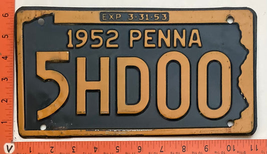 1952 Pennsylvania #5HD00 Passenger License Plate