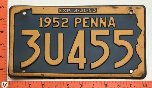 1952 Pennsylvania #3U455 Passenger License Plate