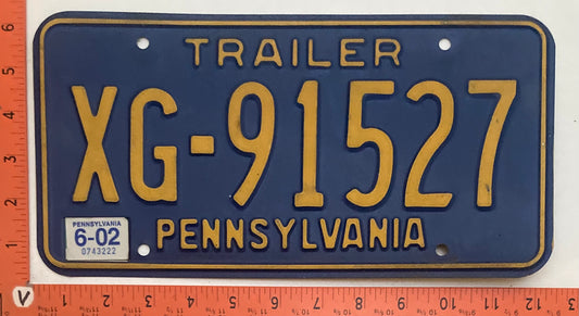 2002 Pennsylvania #XG-91527 Trailer License Plate
