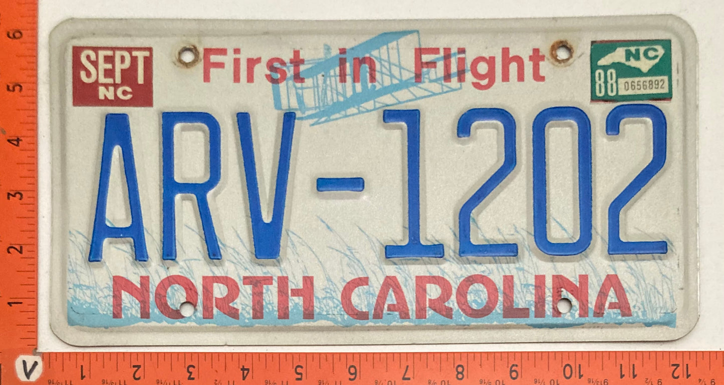 1988 North Carolina #ARV-1202 Passenger License Plate