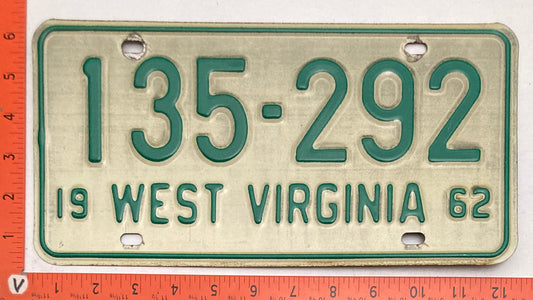 1962 West Virginia #135-292 Passenger License Plate