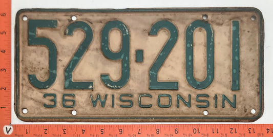 1936 Wisconsin #529-201 Passenger License Plate