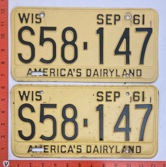 1961 Wisconsin #S58-147 Passenger License Plate PAIR