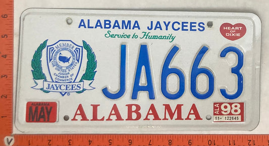 1998 Alabama #JA663 Passenger License Plate